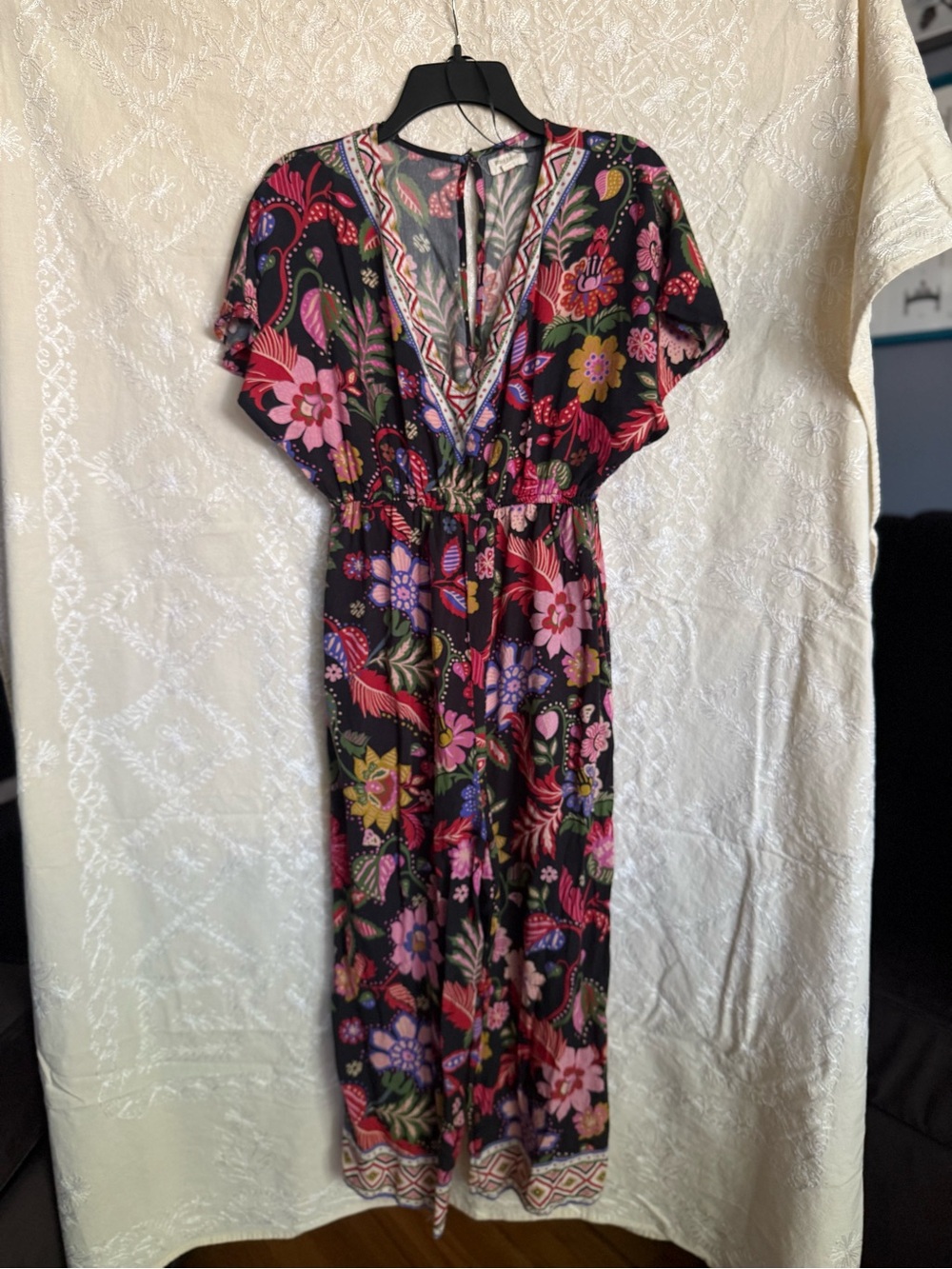 World Market Floral V-Neck Jumpsuit in Black & Pink